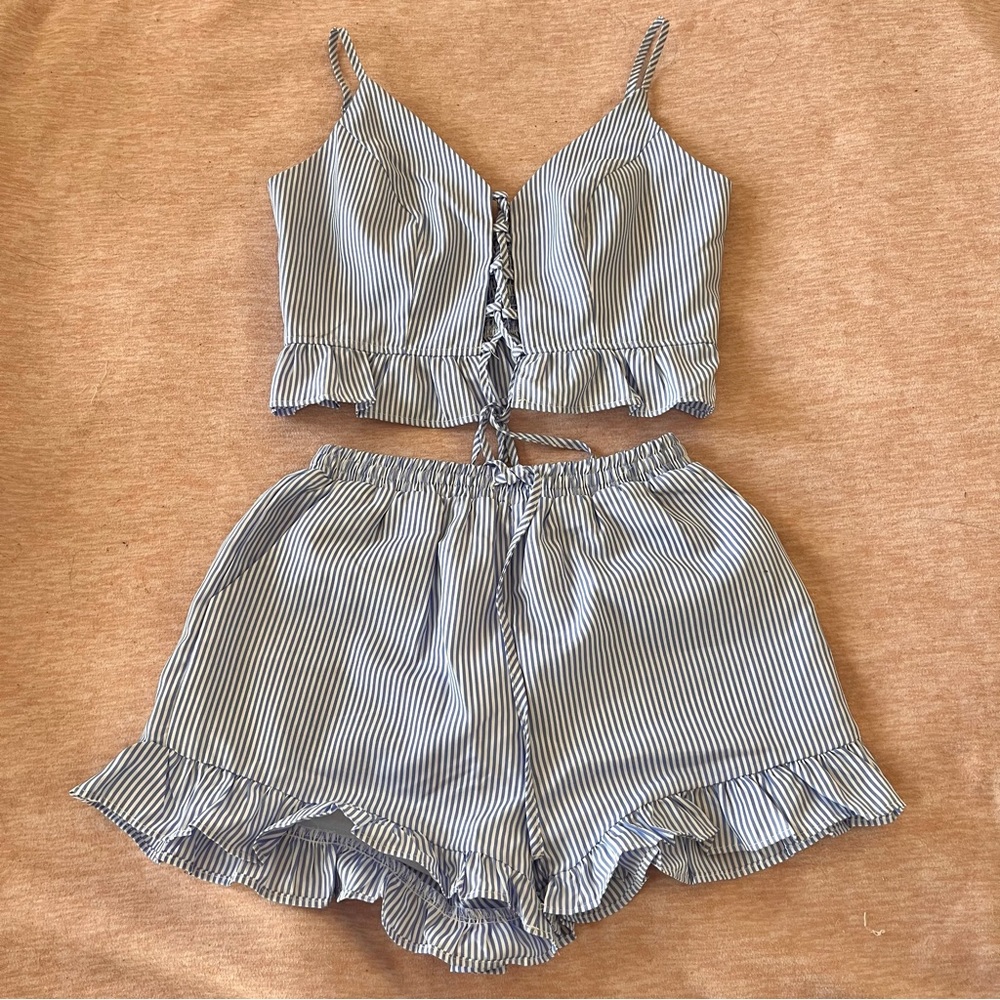 Sweet Mayhem Blue/White Striped Set (Crop tank and shorts) XS/S